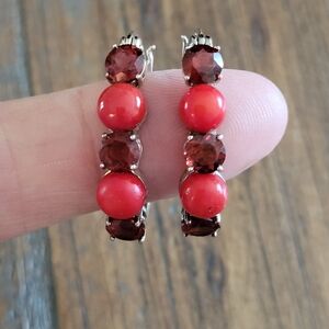 925 Sterling Silver Garnet Hoop Earrings
